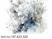 A watercolor portrait of a man with expressive features, gray flowing hair and a melancholic gaze, lowered downwards. His pose conveys sadness, reflection or deep thoughtfulness. He is dressed in an elegant dark blue tailcoat decorated with flowers, and the background is filled with faded tree branches and pale roses, as if dissolved in fog. The illustration is done in a soft, cool palette with shades of gray, blue and pale pink, creating an atmosphere of romanticism, loneliness and ephemerality. Стоковое AI-изображение, AI-художник Анна Кривицкая / Фотобанк Лори