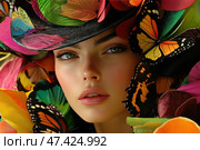 A close-up portrait of a woman with expressive green eyes, freckles and natural make-up. Her face is framed by brightly coloured fabric petals and real butterflies, creating the effect of a flower hat or wreath. The colour palette is rich, with shades of orange, yellow, pink, green and black predominating. Butterflies, including monarchs, add vibrancy and fantasy, giving the scene a sense of fairy tale, fashionable glamour and oneness with nature. Стоковое AI-изображение, AI-художник Анна Кривицкая / Фотобанк Лори