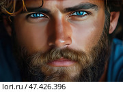 Close-up of a man's face with expressive bright blue eyes, a thick beard and moustache. His gaze is direct and piercing, his skin is tanned with visible texture, and his hair is slightly curly. The light softly highlights the details of his face, creating a sense of realism and strength. The background is dark and blurry, with the focus entirely on the face. Стоковое AI-изображение, AI-художник Анна Кривицкая / Фотобанк Лори