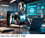 Робот сидит за столом с ноутбуком. Концепция технологий будущего в современном мире. Стоковое AI-изображение, AI-художник Руслан Лесков / Фотобанк Лори