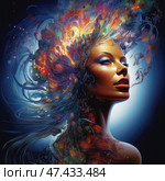 A fantastic portrait of a woman with an uplifted gaze, exuding strength, confidence and inspiration. Her face is illuminated by a soft glow, creating a sense of divine presence. The hair is transformed into a vortex of light, color and shape - like a mixture of a galaxy, a coral reef and abstract energy. The color scheme is rich: blue, purple, fiery red and gold shades shimmer and create the impression of movement, a flight of thought or fantasy. The atmosphere is cosmic, surreal, artistically sublime. Стоковое AI-изображение, AI-художник Анна Кривицкая / Фотобанк Лори
