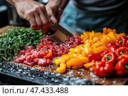 A close-up of the food preparation process is shown: a person's hands are dicing raw meat on a wooden cutting board. Nearby are bright red and yellow bell peppers, as well as fresh herbs (parsley or cilantro). Everything is sprinkled with coarse sea salt. The scene is filled with the rich colors and textures of fresh produce, creating a delicious and lively kitchen atmosphere. This image is perfect for cooking, healthy lifestyle, and food blogs. Стоковое AI-изображение, AI-художник Анна Кривицкая / Фотобанк Лори