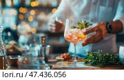 Refreshing Cocktail Creation: The Bartender's Artful Mixology With Citrus And Fresh Mint. Стоковое AI-изображение, AI-художник Данила Большаков / Фотобанк Лори
