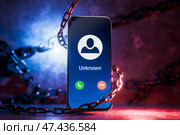 Fraud or spam warning calls. Unknown call, concept of phone scam, deception and identity theft, mobile security from cybercrime. Spam calls by phone. Suspicious phone number. Unknown call. 3d render. Стоковая иллюстрация, иллюстратор Alexander / Фотобанк Лори