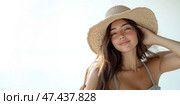 A woman wearing a straw hat and smiling. Стоковое AI-изображение, AI-художник Ярославский Максим / Фотобанк Лори