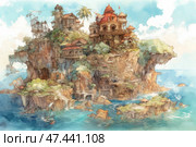 A fantastical watercolor illustration depicts a picturesque coastal town built on a rocky cliff overlooking turquoise waters. The architecture is reminiscent of a mix of Mediterranean and fantasy styles: stone buildings with domes, towers and terraces, surrounded by lush greenery. A ship and wooden structures can be seen in the distance, creating the feeling of a port settlement or pirate haven. Everything is done in soft pastels and warm colors, with rich detail and a light, dreamy atmosphere. Стоковое AI-изображение, AI-художник Анна Кривицкая / Фотобанк Лори
