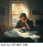 An elderly man sitting at a kitchen table by the window, surrounded by a pile of paperwork, receipts and two calculators. He looks tired, resting his cheek on his hand, with a thoughtful and anxious expression on his face. Sunlight filters through the curtain, creating a contrast between the warm atmosphere and the emotional weight of the scene. The interior is simple, homely, with retro elements. The illustration evokes associations with financial difficulties, routine or personal reflections on life. Стоковое AI-изображение, AI-художник Анна Кривицкая / Фотобанк Лори