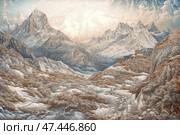 A majestic mountain landscape in a fantasy or fairy tale style. Enormous mountain peaks rise to the sky, their summits covered in snow, and below them lie dense forests, shimmering in shades of brown, gray and icy blue. Hidden among the hills are buildings reminiscent of ancient temples or monasteries, emphasizing the spiritual atmosphere of the place. The clouds in the sky fascinate with their ornamental pattern, creating a feeling of magic and lightness. The entire composition is made in watercolor technique with subtle detailing, conveying the grandeur and silence of untouched nature. Стоковое AI-изображение, AI-художник Анна Кривицкая / Фотобанк Лори