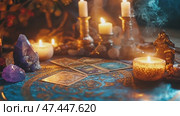 Mystical tarot card reading session with candles and crystals in a dimly lit room. Стоковое AI-видео, аниматор Ekaterina Ismagilova / Фотобанк Лори