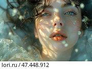 A mesmerizing portrait of a young girl in a magical, almost underwater light. The camera is very close, focusing on her face, expressive aquamarine eyes and slightly parted lips. Light reflections and shadows from the petals and lace on her skin create a soft, fairy-tale effect and unreality. The girl's hair is wet or tangled, flowing smoothly in the air or water. The overall atmosphere of the image is tenderness, dreaminess, purity and subtle emotionality. Стоковое AI-изображение, AI-художник Анна Кривицкая / Фотобанк Лори