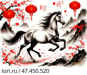 Лошадь бежит по лесу, а с деревьев свисают красные фонарики. Стоковое AI-изображение, AI-художник Ярославский Максим / Фотобанк Лори