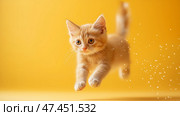 Playful orange kitten leaps joyfully against a bright yellow background. Игривый оранжевый котенок радостно прыгает на ярко-желтом фоне. Стоковое AI-изображение, AI-художник Katsiaryna Repich / Фотобанк Лори