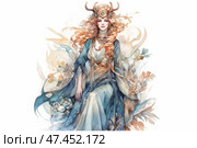 A watercolor portrait of a majestic woman in a fantastic image, reminiscent of a goddess or priestess of nature. She sits gracefully, in a long flowing dress of sky-blue and creamy beige shades. Her reddish hair flutters and intertwines with leaves and flowers, and on her head is a crown with horns and precious stones, giving the image a mystical and divine character. Around her is a decorative floral ornament, executed in an elegant and airy watercolor manner. Стоковое AI-изображение, AI-художник Анна Кривицкая / Фотобанк Лори
