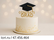 Celebration Cake With Graduation Cap Decoration for Recent Achievers in a Festive Setting. Стоковое AI-изображение, AI-художник Юлия Гапеенко / Фотобанк Лори