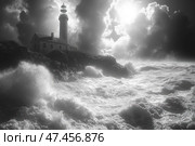 A dramatic black and white scene of a lighthouse on a rocky shore during a storm. Huge waves with foam crash against the rocks, creating a sense of power and indomitable force of nature. The sky is covered with clouds, but bright light breaks through them, adding a mystical atmosphere. The lighthouse and the building at its foot stand like eternal guardians, resisting the elements. The image is made with high contrast, emphasizing the texture of the water, rocks and clouds. Стоковое AI-изображение, AI-художник Анна Кривицкая / Фотобанк Лори
