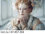 An elegant young woman in a luxurious historical dress in the style of the 18th century. Her hair is carefully styled and decorated with feathers, pearls and flowers, and her makeup accentuates her light eyes and refined features. She is dressed in a richly embroidered dress with lace and gold embroidery, neck jewelry and earrings emphasize her aristocratic appearance. The woman thoughtfully bowed her head, folding her hands in front of her. The light and refined atmosphere of the interior emphasizes the grace and royalty of the image. Стоковое AI-изображение, AI-художник Анна Кривицкая / Фотобанк Лори