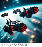 Multiple sleek spaceships dart through the cosmos, their engines glowing brightly as they navigate the dark, star-studded universe with determination and purpose Generative AI. Стоковое AI-изображение, AI-художник Юлия Петровская / Фотобанк Лори