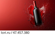 Splashing red wine bottle against a vibrant red background. Бутылка красного вина с брызгами на ярком красном фоне. Стоковое AI-изображение, AI-художник Katsiaryna Repich / Фотобанк Лори