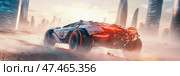 Futuristic Vehicle Roaring Across Desert Near Modern Cityscape. Стоковое AI-изображение, AI-художник Данила Большаков / Фотобанк Лори