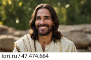 In a tranquil outdoor environment, Jesus Christ beams with a warm smile, embodying compassion and joy Generative AI. Стоковое AI-изображение, AI-художник Юлия Петровская / Фотобанк Лори