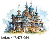 Artistic watercolor illustration of a fairy-tale building in Russian architectural style. The building is decorated with numerous domes, onion vaults, turrets and decorative elements. The building is made of wood and stone, with carved details and blue roofs. It resembles an ancient tower or a magical palace from Russian folk tales. Around it there is a light background with watercolor spots, creating an atmosphere of fairy-tale and dream. Стоковое AI-изображение, AI-художник Анна Кривицкая / Фотобанк Лори
