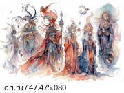An elegant watercolor illustration of fantastic female characters. Six figures in decorative, complex garments stand in a row, each as if embodying their own element or mythological role. The outfits are decorated with feathers, precious elements, patterns and intricate detailing, creating a sense of magic and mystery. The images resemble characters from fairy tales, fantasy or myths. Whimsical birds soar above their heads, adding lightness and airiness to the composition. The color scheme is delicate, with smooth transitions from light blue and peach to rich scarlet and dark blue. Overall, this is a visual story filled with mysticism, grace and Art Nouveau style. Стоковое AI-изображение, AI-художник Анна Кривицкая / Фотобанк Лори