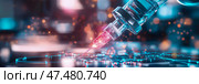 Medical breakthrough: A futuristic syringe administering a luminous treatment for cutting-edge healthcare. Стоковое AI-изображение, AI-художник Данила Большаков / Фотобанк Лори