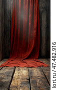 Elegance Unveiled: A scarlet curtain descending upon rustic timber, awaiting a grand spectacle. Backdrop for theatre, stage set, or presentation. Стоковое AI-изображение, AI-художник Данила Большаков / Фотобанк Лори