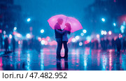 Romantic Embrace: A couple sheltered under a pink umbrella in a rainy cityscape, illuminated by ethereal city lights. Стоковое AI-изображение, AI-художник Данила Большаков / Фотобанк Лори