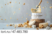 Artisanal Cheese Tower with Crumbles: A Food Still Life Composition. Стоковое AI-изображение, AI-художник Данила Большаков / Фотобанк Лори