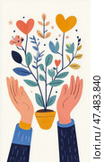 Blooming Love: Hands Nurturing a Potted Plant with Heart Flowers - Design for print, card, poster. Стоковое AI-изображение, AI-художник Данила Большаков / Фотобанк Лори