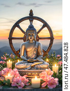 Buddha statue under the evening sky with clouds surrounded by candles and bright flowers against the background of the wheel of samsara - a symbol of Buddhism and the Vesak holiday. Стоковое AI-изображение, AI-художник Iva Noel / Фотобанк Лори