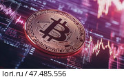 Bitcoin cryptocurrency coin with market trend data visualization and trading graphs at a financial trading platform. Стоковое AI-видео, аниматор Ekaterina Ismagilova / Фотобанк Лори