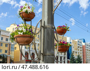 Декоративные цветочные горшки, закрепленные на фонарном столбе (2024 год). Редакционное фото, фотограф Вячеслав Палес / Фотобанк Лори