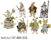 Watercolor set of illustrations of funny rabbits in clothes. Various images of characters for creating postcards, board and computer games. For printing on clothes and dishes, notebooks, stickers, etc. Стоковая иллюстрация, иллюстратор Larisa Hamukova / Фотобанк Лори