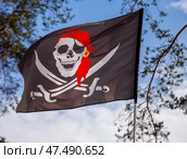 Pirate flag with Jolly Roger against the background of the spring blue sky in the forest. Стоковое фото, фотограф Олег Елагин / Фотобанк Лори