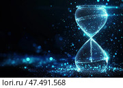 Песочные часы в неоновом свете на темном фоне. Стоковое AI-изображение, AI-художник Александр Жуков / Фотобанк Лори