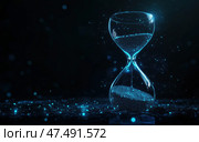 Песочные часы в неоновом свете на темном фоне. Стоковое AI-изображение, AI-художник Александр Жуков / Фотобанк Лори