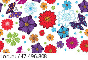 Vector colorful seamless floral pattern. Floral organic background with butterflies and flowers on a transparent background. For textile, wallpaper and packaging. Стоковая иллюстрация, иллюстратор Ольга Дроздова / Фотобанк Лори