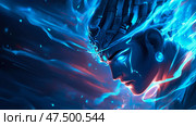 Celestial Guardian: A blue ethereal entity with glowing eyes, surrounded by cosmic energy. Стоковое AI-изображение, AI-художник Данила Большаков / Фотобанк Лори