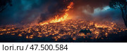 Inferno's Blaze: A forest consumed by wildfire under a smoky sky, evoking destruction and highlighting the urgency of climate action. Стоковое AI-изображение, AI-художник Данила Большаков / Фотобанк Лори