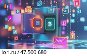 Digital wallet displaying cryptocurrency and financial icons in a vibrant virtual environment. Стоковое AI-видео, аниматор Ekaterina Ismagilova / Фотобанк Лори