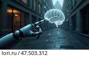 Технологии: рука робота управляет голографической моделью мозга, AI-generation. Стоковое AI-изображение, AI-художник Елена Скрипкина / Фотобанк Лори
