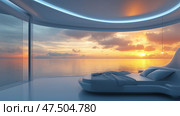 Modern bedroom with stunning ocean view during sunrise offers serenity and tranquility. Стоковое AI-изображение, AI-художник Михаил Коханчиков / Фотобанк Лори