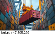 Shipping container is lifted by a crane at a bustling port during the daytime. Грузовой контейнер поднимается краном в оживленном порту в дневное время. Стоковое AI-изображение, AI-художник Katsiaryna Repich / Фотобанк Лори