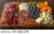 Enjoying a delightful charcuterie board filled with meats, cheeses, fresh fruits. Красиво оформленная доска для закусок демонстрирует разнообразные виды копченого мяса, сыров, орехов и свежих фруктов. Стоковое AI-изображение, AI-художник Katsiaryna Repich / Фотобанк Лори