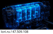 Five-Cylinder Engine Internal Structure with Luminous Blue Lines and Industrial Black Metal Components. Стоковое AI-изображение, AI-художник Данила Большаков / Фотобанк Лори