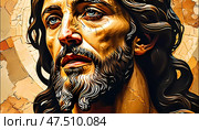 Intricate art captures Jesus Christ in a moment of profound contemplation, conveying his message of love and hope against a textured, warm background, inviting reflection Generative AI. Стоковое AI-изображение, AI-художник Юлия Петровская / Фотобанк Лори