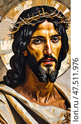 A captivating portrayal of Jesus Christ, showcasing His serene expression and a radiant golden halo Generative AI. Стоковое AI-изображение, AI-художник Юлия Петровская / Фотобанк Лори