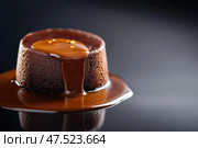 A luxurious chocolate fondant glistens on a glossy black surface. Its molten center oozes decadence, creating a sumptuous mirror-like reflection that embodies gourmet indulgence. Стоковое AI-изображение, AI-художник Nart / Фотобанк Лори
